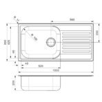 Technical diagram of the Reginox Minister 10 single bowl stainless steel kitchen sink, showing dimensions and features.