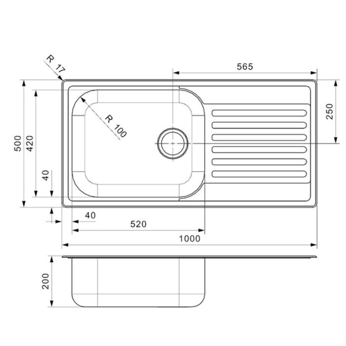 Technical diagram of the Reginox Minister 10 single bowl stainless steel kitchen sink, showing dimensions and features.