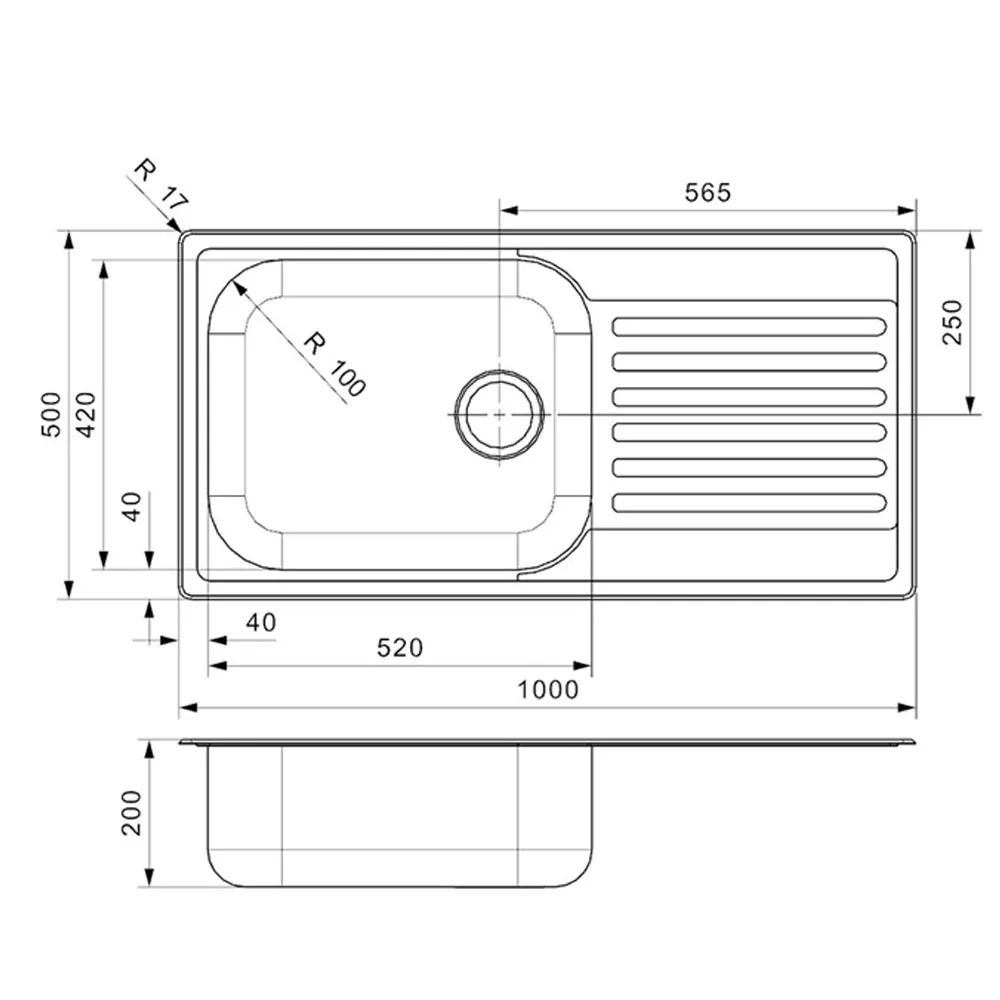 Technical diagram of the Reginox Minister 10 single bowl stainless steel kitchen sink, showing dimensions and features.