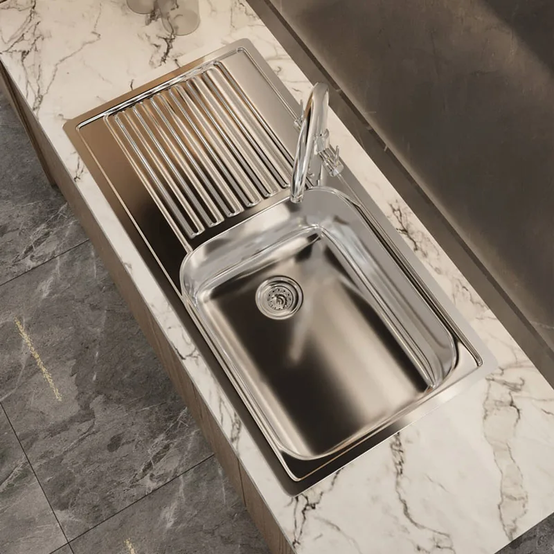 Top view of the Reginox Minister 10 single bowl stainless steel kitchen sink.