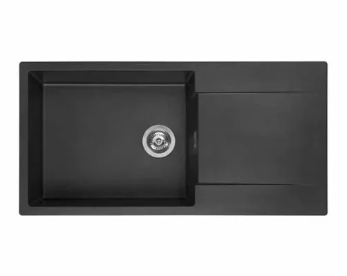 Reginox Amsterdam 540 quartz kitchen sink with drainboard in Black Silvery, white background