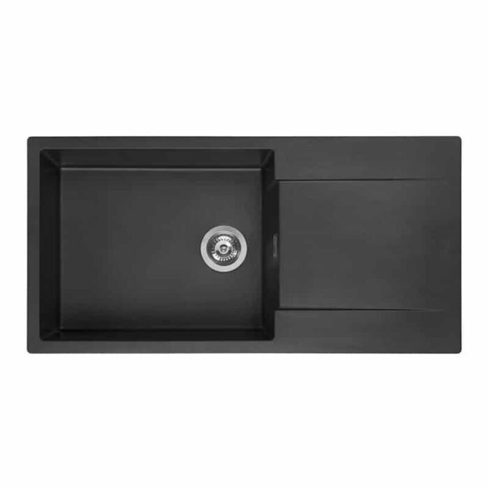 Reginox Amsterdam 540 quartz kitchen sink with drainboard in Black Silvery, white background