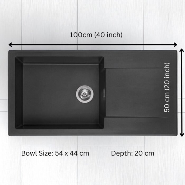 Technical drawing of Reginox Amsterdam 540 quartz kitchen sink, showing dimensions and features