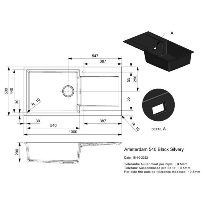 Installation diagram for Reginox Amsterdam 540 quartz kitchen sink, showing mounting options