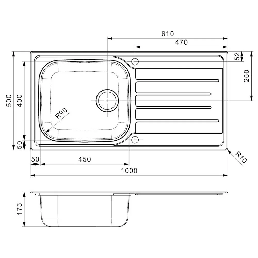 Technical Diagram of Reginox Daytona Single Bowl Kitchen Sink Dimensions