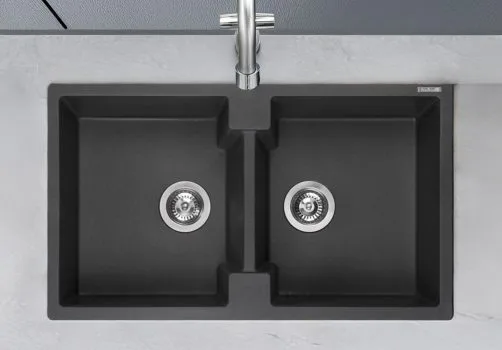 Top view of a Reginox Amsterdam 20 double bowl black silvery quartz/granite kitchen sink.