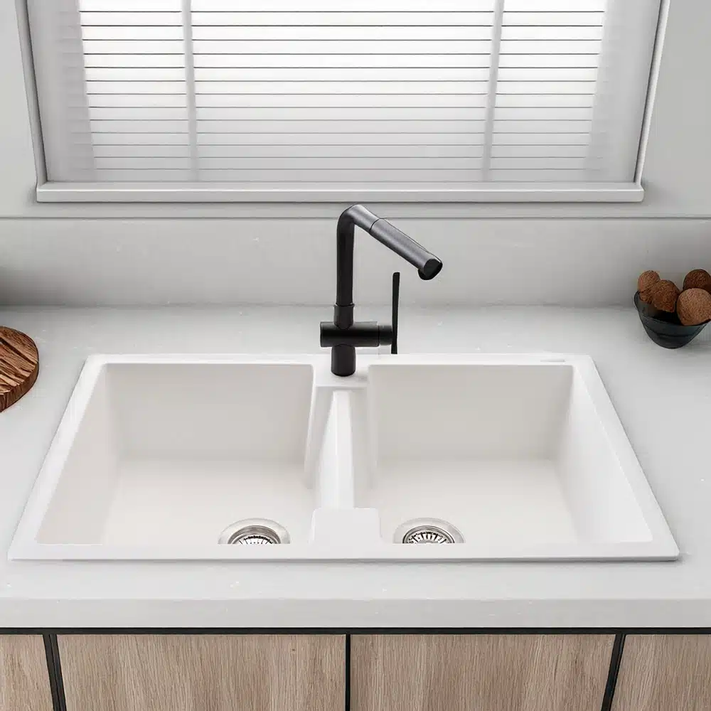 Reginox Amsterdam 20 double bowl pure white quartz/granite kitchen sink with faucet and accessories.