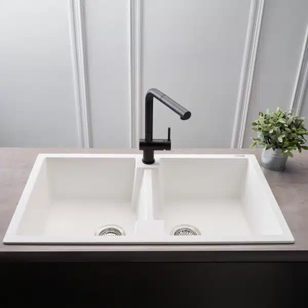 Reginox Amsterdam 20 double bowl pure white quartz/granite kitchen sink installed in a contemporary kitchen.