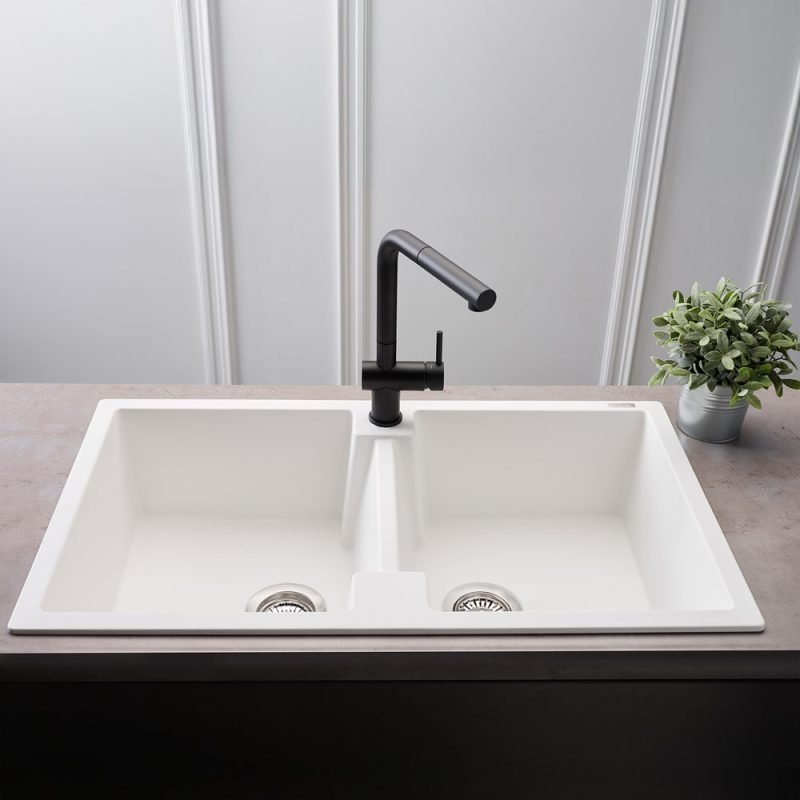 Reginox Amsterdam 20 double bowl pure white quartz/granite kitchen sink installed in a contemporary kitchen.