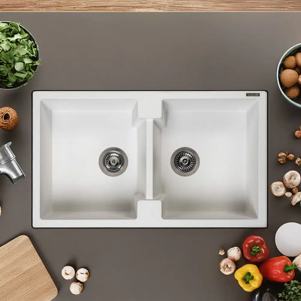 Top view of a Reginox Amsterdam 20 double bowl pure white quartz/granite kitchen sink.