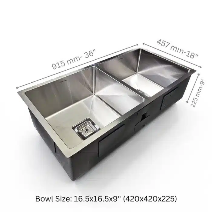 Technical Diagram of Carysil Stainless Steel Double Bowl Kitchen Sink Quadro R10 – Dimensions for 36x18x9 inches