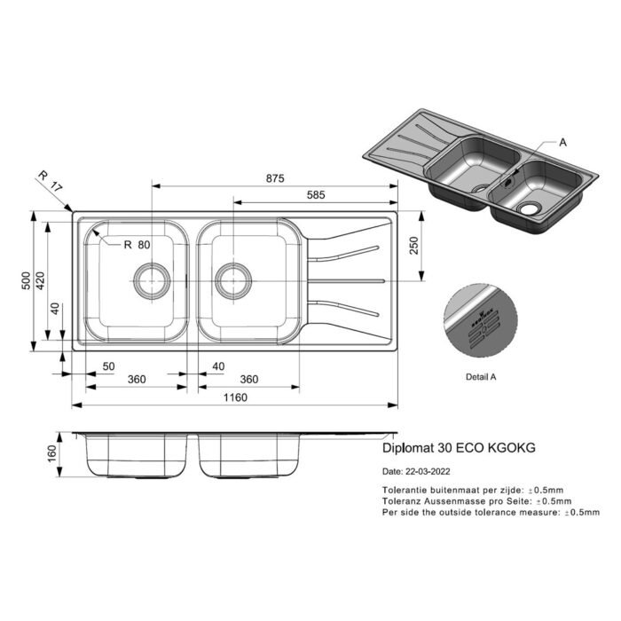 Technical Diagram of Reginox Diplomat 30 Lux Double Bowl Kitchen Sink Dimensions