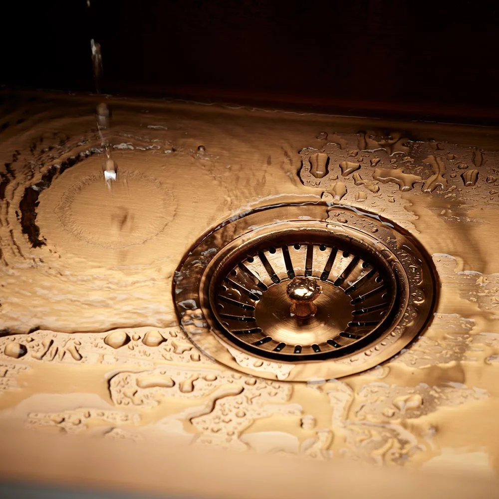 Close-up of Reginox Miami Copper Single Bowl Stainless Steel Kitchen Sink, showing the copper finish