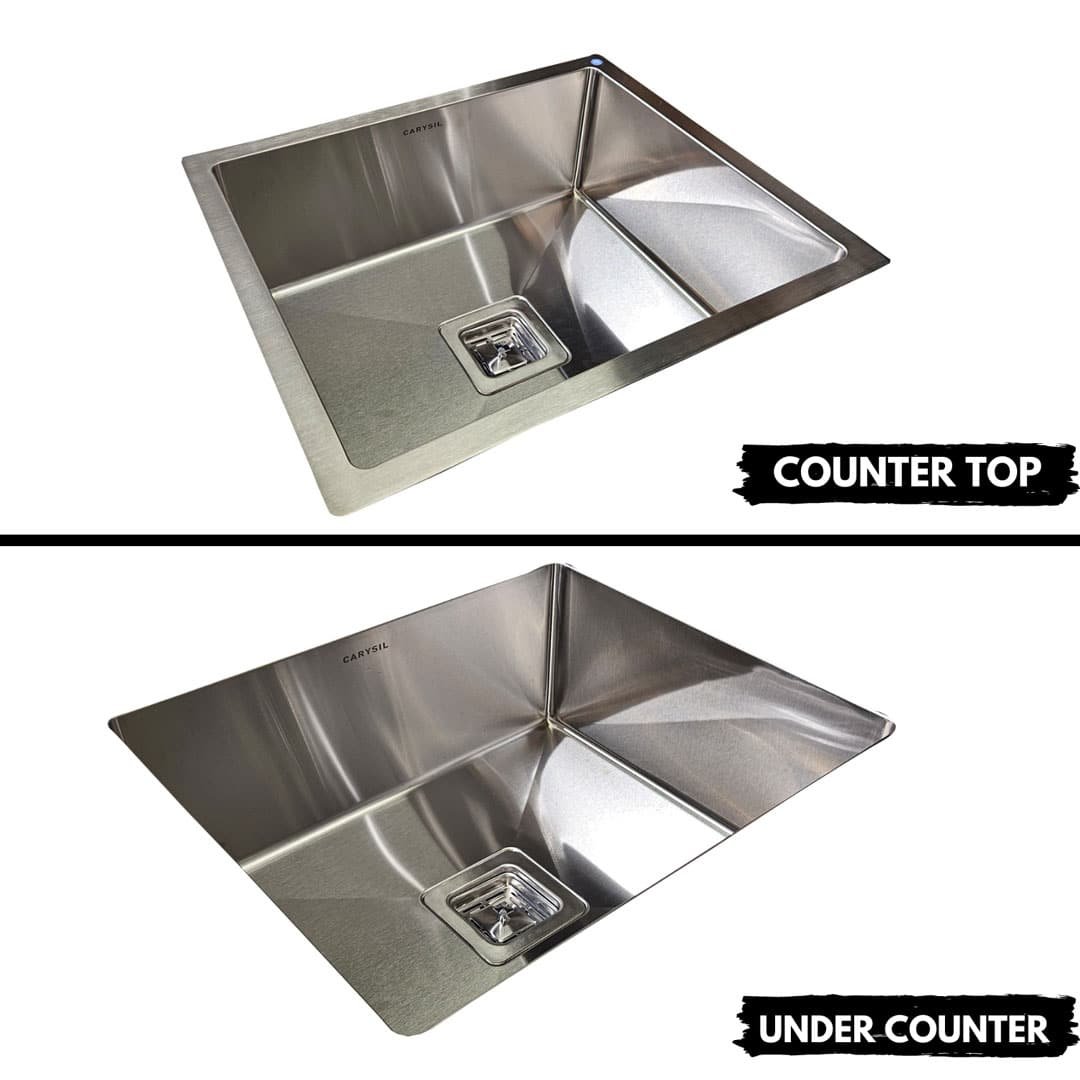 Full view of Carysil Cordro R10 Stainless Steel Kitchen Sink 21x18, showing 8-inch depth and R10 radius corners