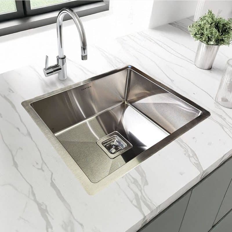 Carysil Cordro R10 Stainless Steel Kitchen Sink 21x18 in use, installed in a contemporary kitchen