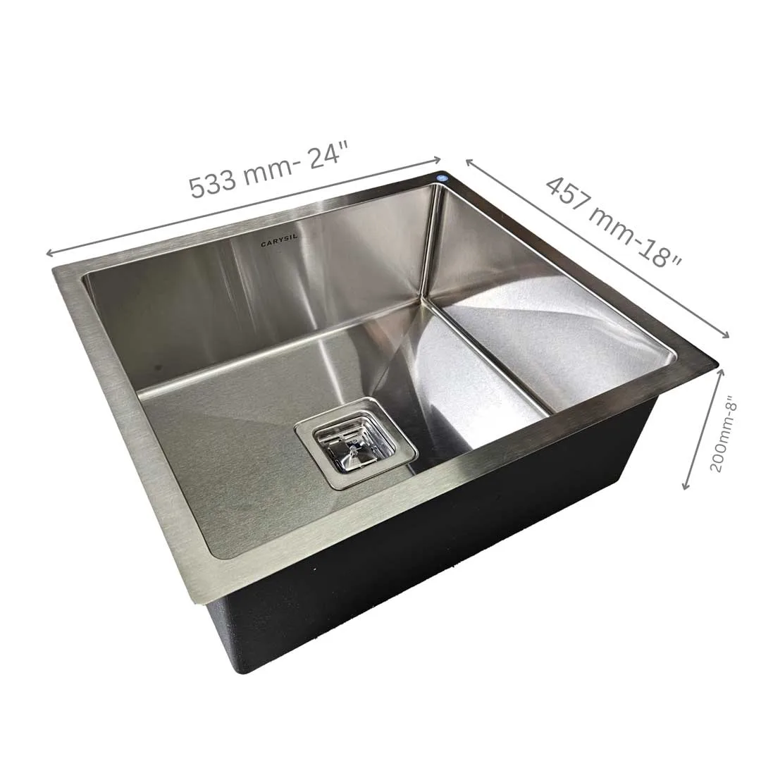 Technical diagram of Carysil Stainless Steel Kitchen Sink Cordro R10 21x18, showing dimensions and specifications