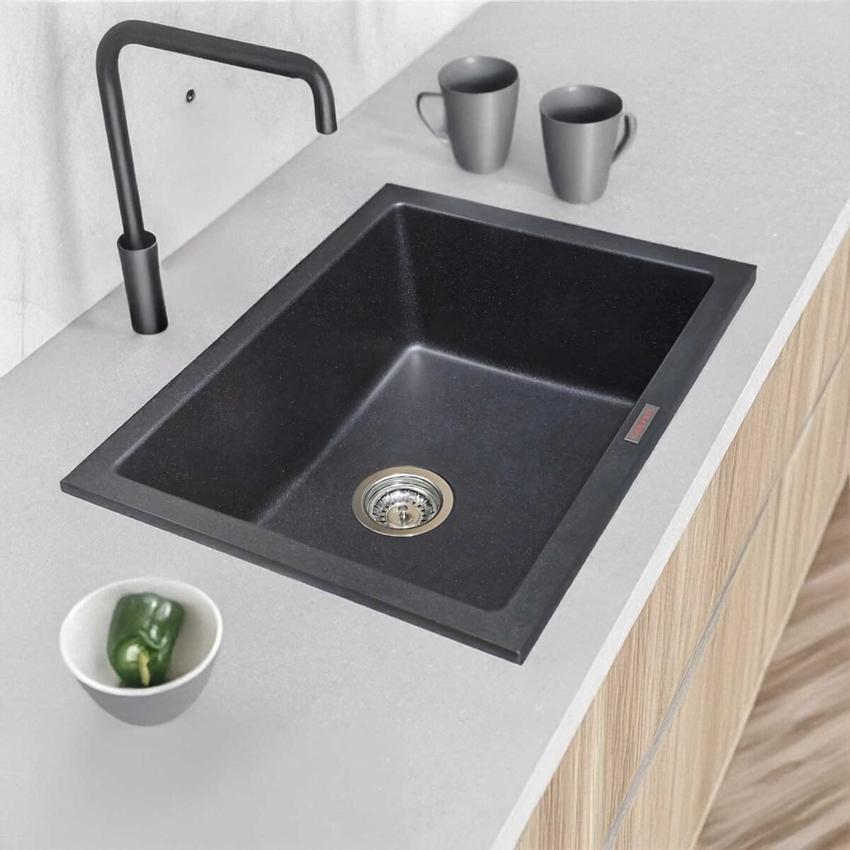 Carysil Quartz Kitchen Sink Big Bowl 24x18 Granite Metallic Nera – Side View-2