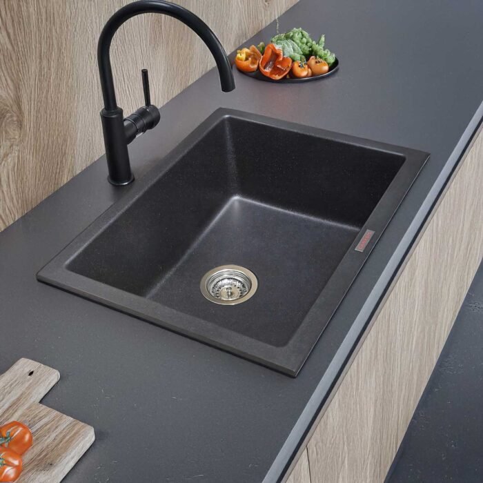 Carysil Quartz Kitchen Sink Big Bowl 24x18 Granite Metallic Nera – Top View