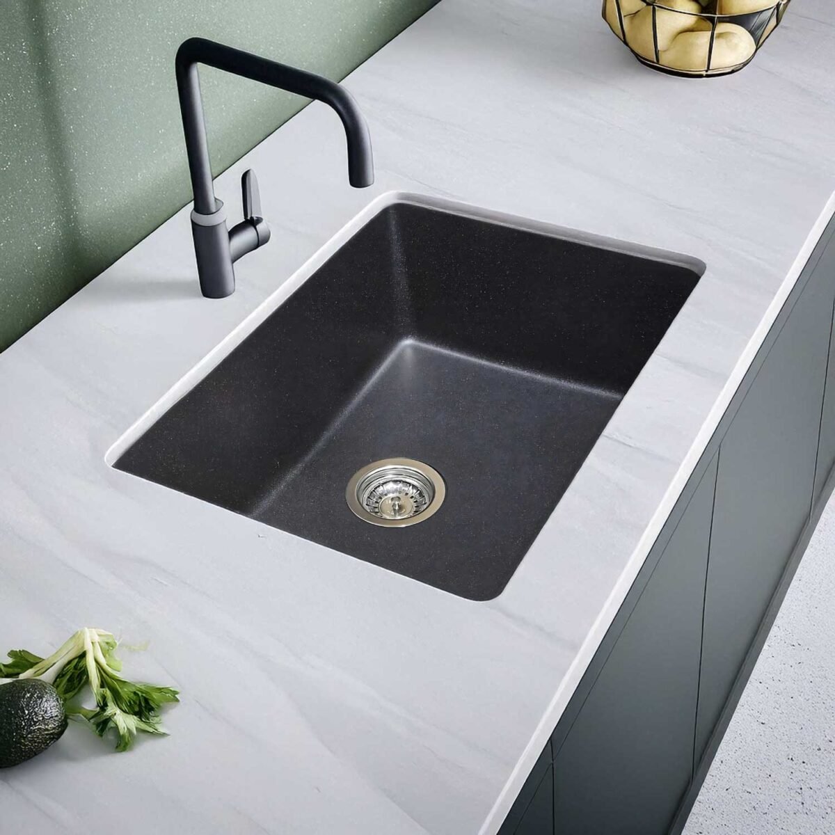 Carysil Quartz Kitchen Sink Big Bowl 24x18 Granite Metallic Nera – Side View