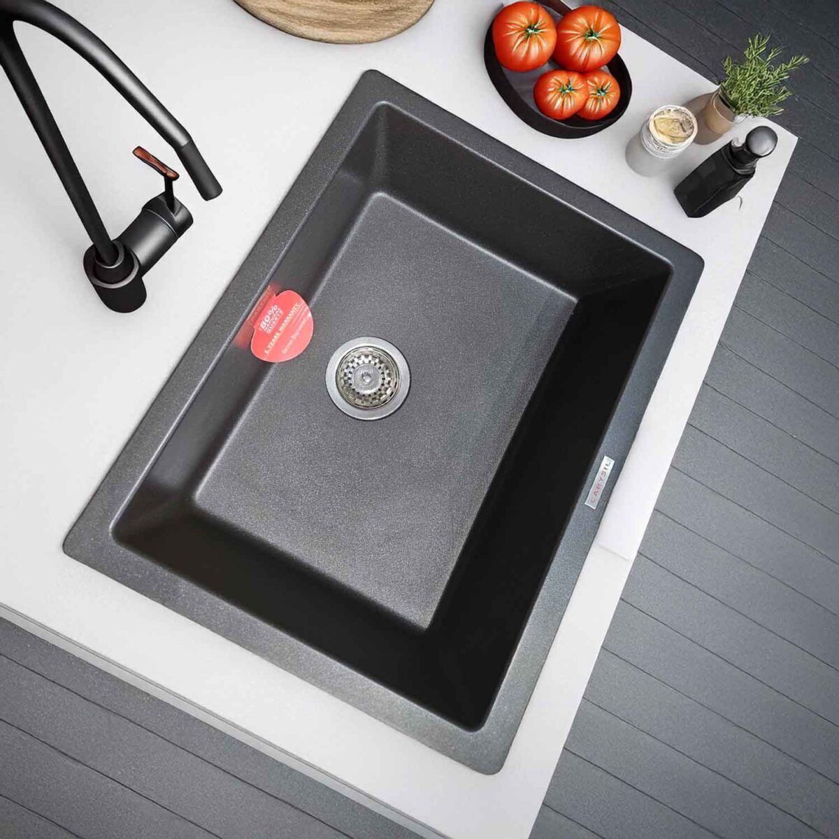 Carysil Quartz Kitchen Sink Big Bowl 24x18 Granite Metallic Nera – Top View