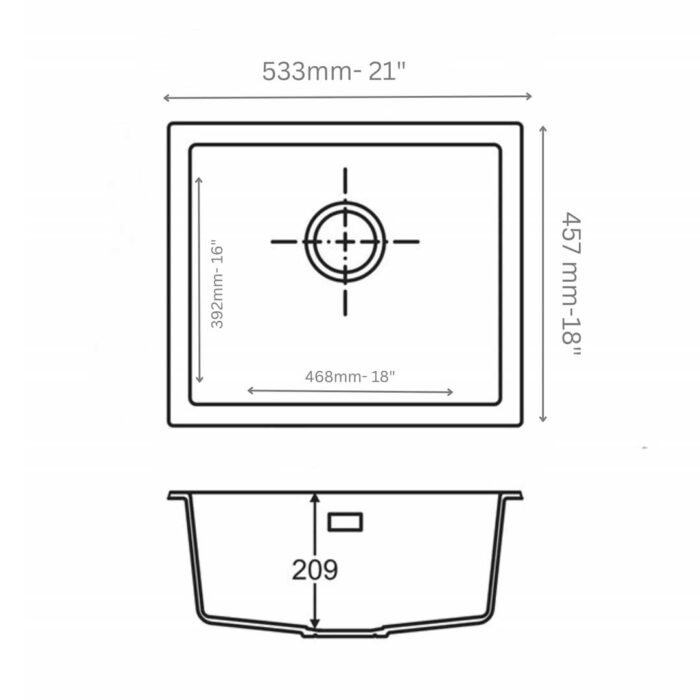 Technical diagram of Carysil Quartz Kitchen Sink Salsa 21x18 Granite Metallic Nera with dimensions