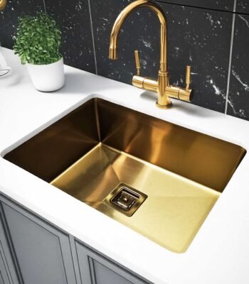 Carysil Stainless Steel PVD Finish Kitchen Sink installed in a modern kitchen, Gold, 24x18, 8-inch depth