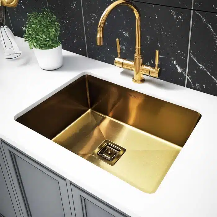 Carysil Stainless Steel PVD Finish Kitchen Sink installed in a modern kitchen, Gold, 24x18, 8-inch depth