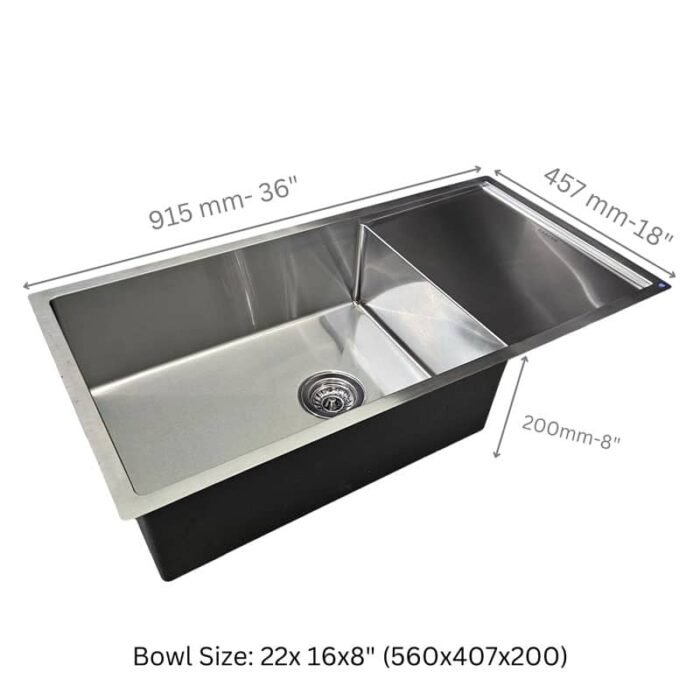 Technical diagram of Carysil Stainless Steel Sink with Drainboard Quadro R10 36x18 showing dimensions