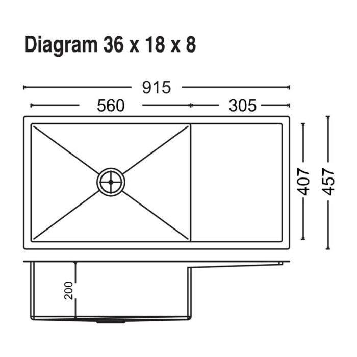 Dimension diagram of Carysil Stainless Steel Sink with Drainboard Quadro Micro Radius R10 36x18