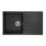 Reginox Amsterdam 10 single bowl black silvery quartz/granite kitchen sink on a white background.