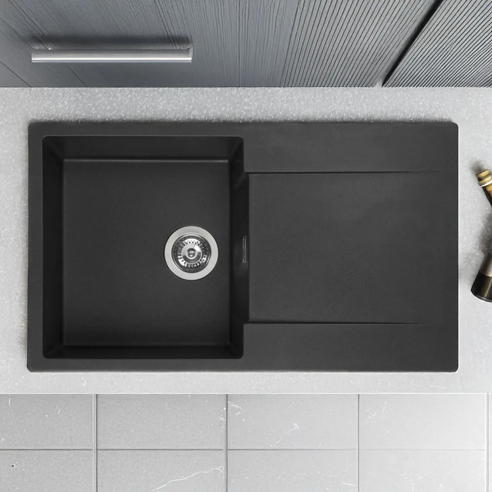 Top view of the Reginox Amsterdam 10 single bowl black silvery quartz/granite kitchen sink with drainboard.