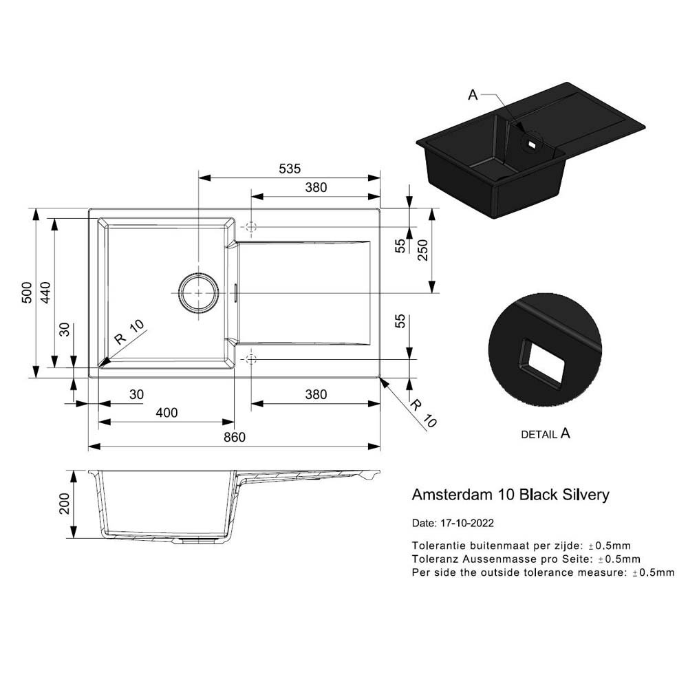 Installation diagram for the Reginox Amsterdam 10 single bowl black silvery quartz/granite kitchen sink.