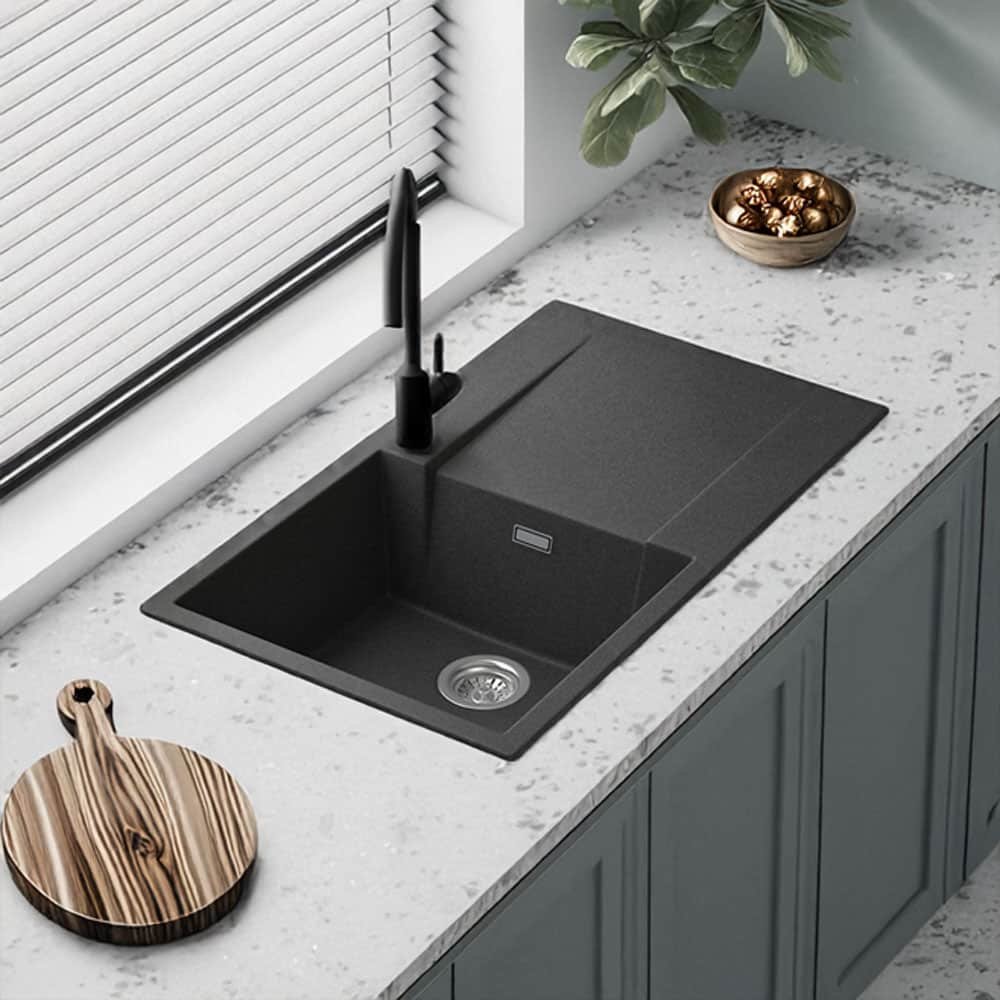 Reginox Amsterdam 10 single bowl black silvery quartz/granite kitchen sink installed in a modern kitchen.
