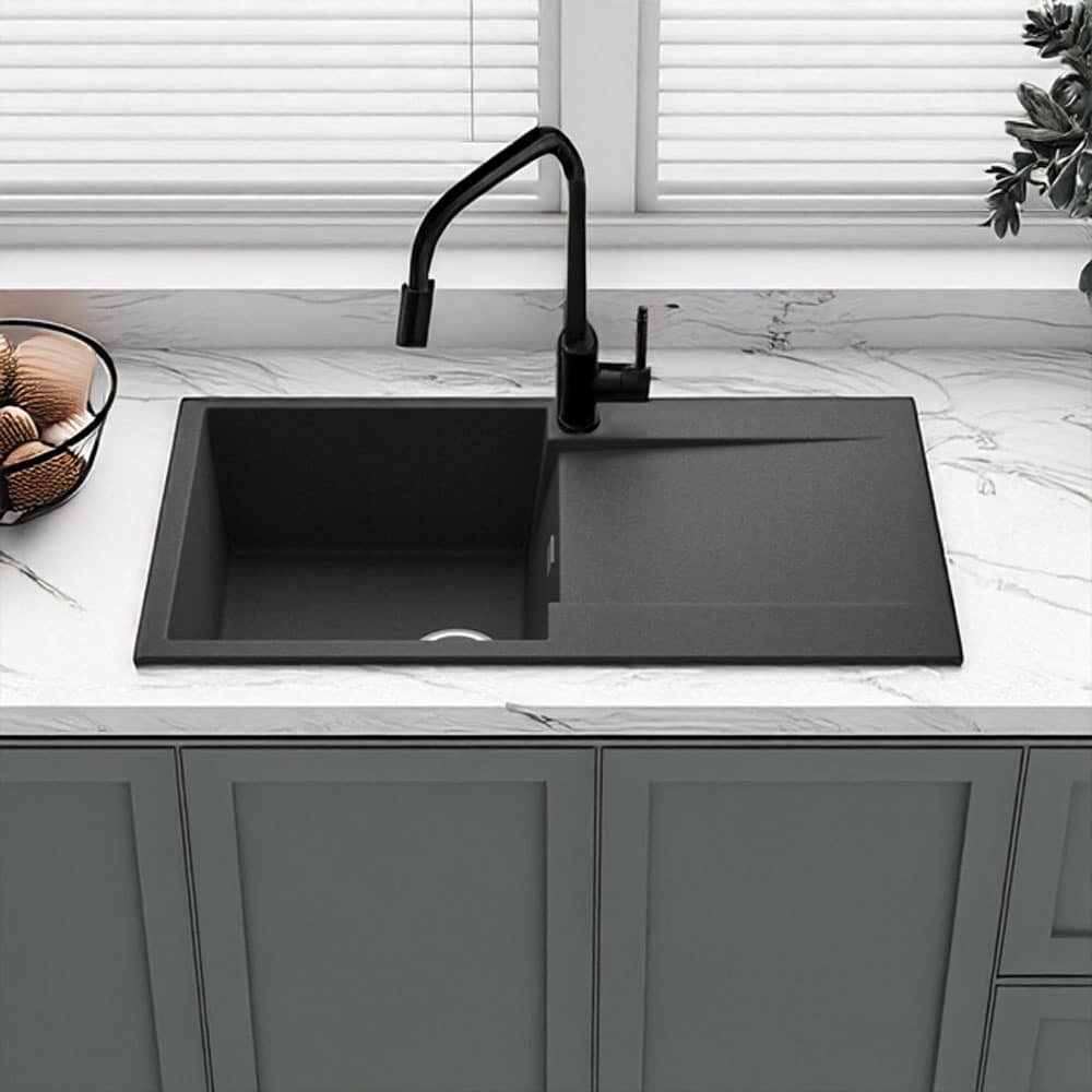 Reginox Amsterdam 10 single bowl black silvery quartz/granite kitchen sink with faucet and accessories.