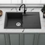 Top view of the Reginox Amsterdam 10 single bowl black silvery quartz/granite kitchen sink.