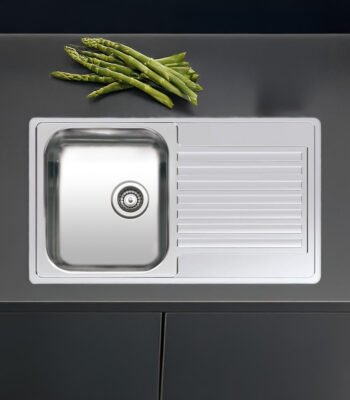 Close-up of the Reginox Centurio 10 single bowl stainless steel kitchen sink.