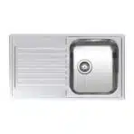 Reginox Centurio 10 single bowl stainless steel kitchen sink side view on a white background.