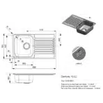 Technical diagram of the Reginox Centurio 10 single bowl stainless steel kitchen sink, showing dimensions and features.