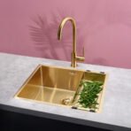 Reginox Miami Gold Single Bowl Stainless Steel Kitchen Sink installed in a kitchen