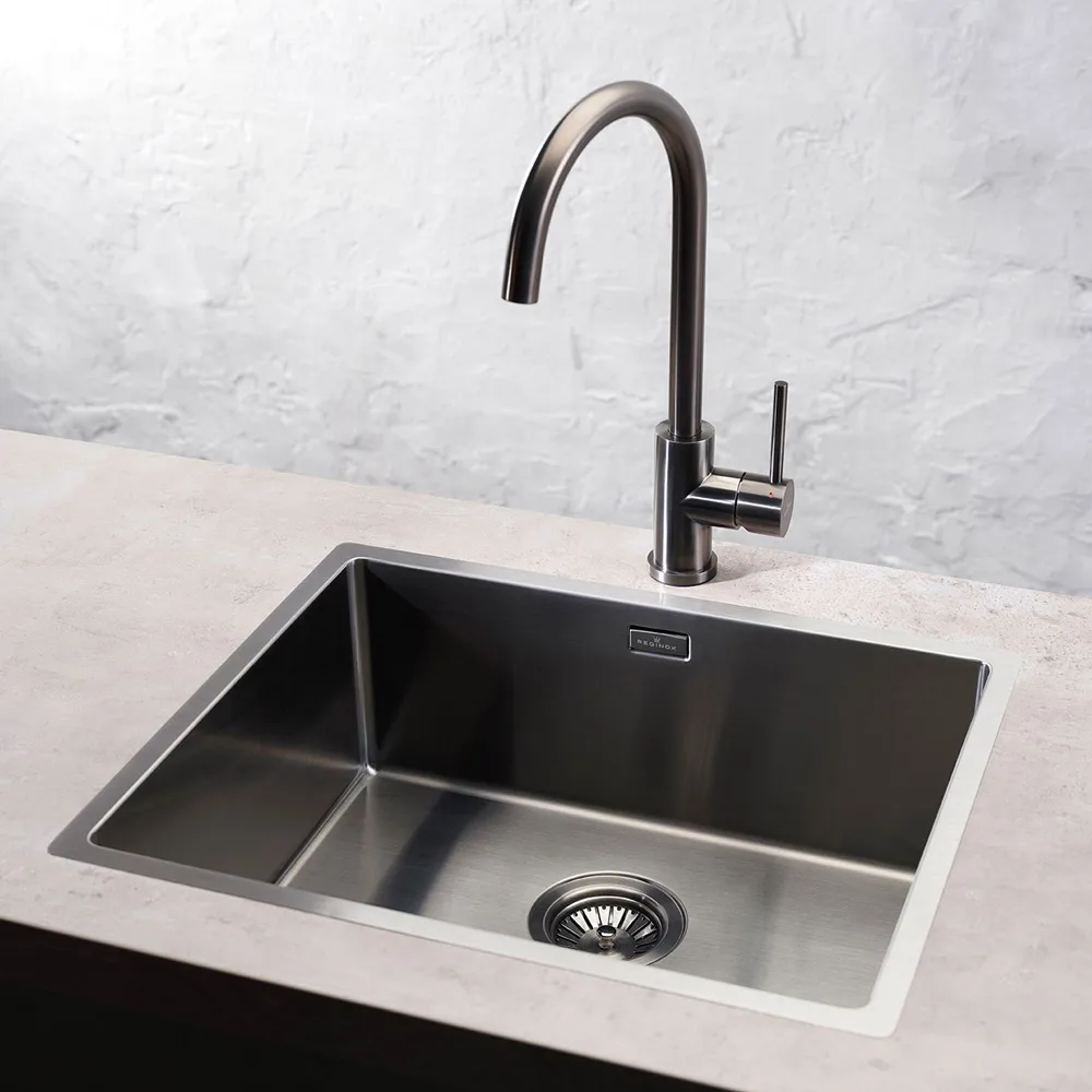 Reginox Miami Gunmetal Single Bowl Stainless Steel Kitchen Sink installed in a kitchen