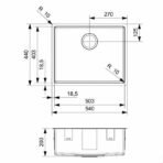 Technical drawing of Reginox New York 54x44 kitchen sink, showing dimensions and features