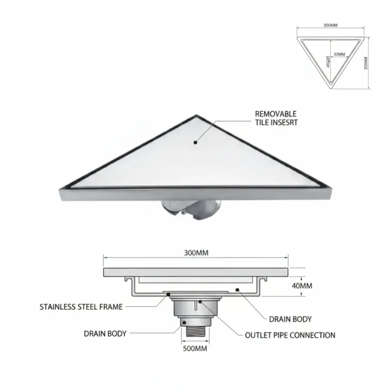 VISTA Modern Triangular Floor Drainer for Bathroom Corners