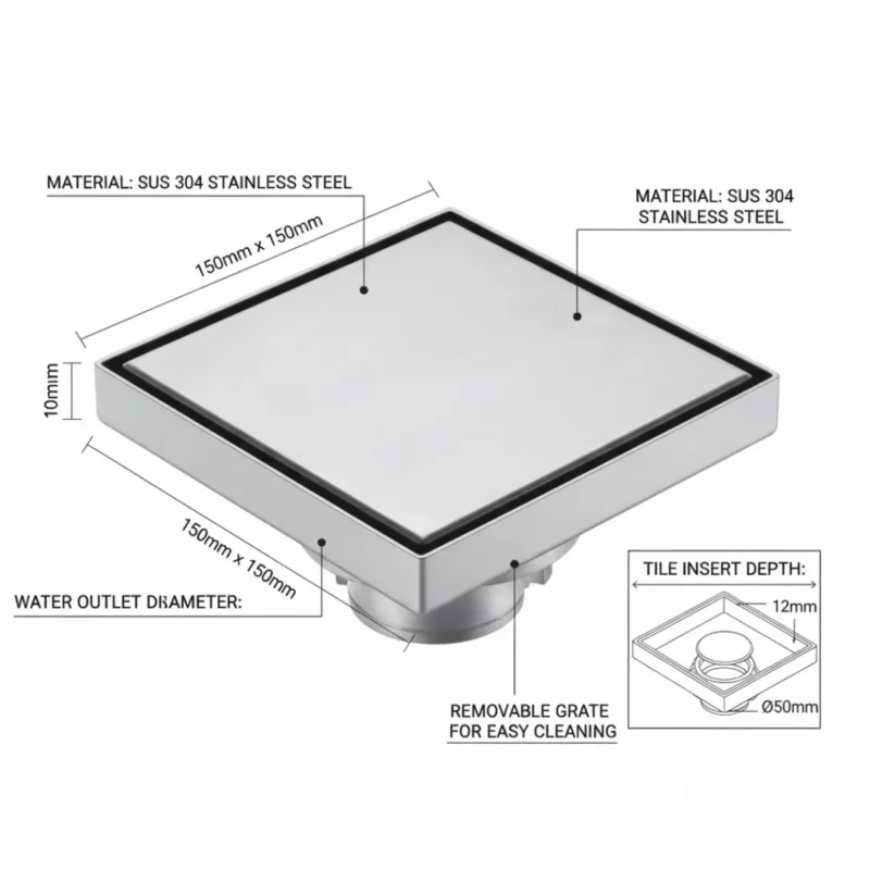 VISTA Square Tile Insert Floor Drain for Bathroom